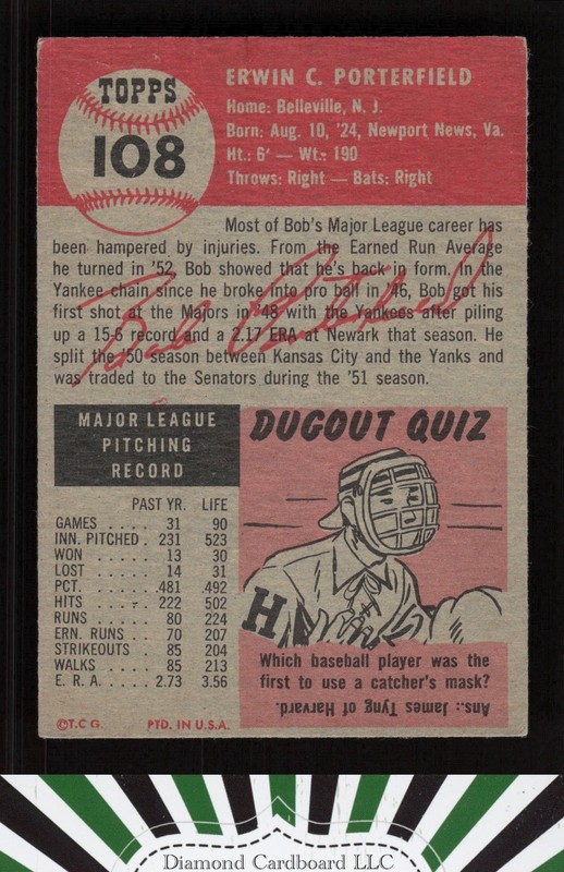 1953 Topps #108 Bob Porterfield : Bio uses white text VGEX d, back