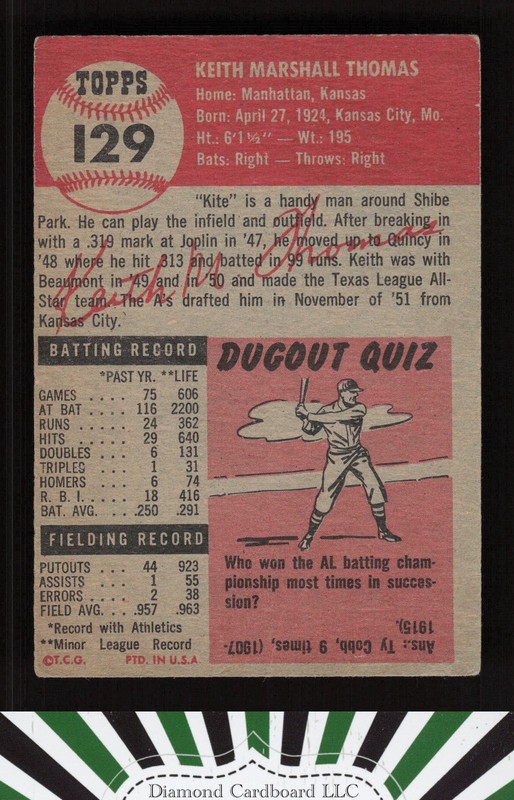 1953 Topps #129 Keith Thomas : Bio uses white text FR c, back