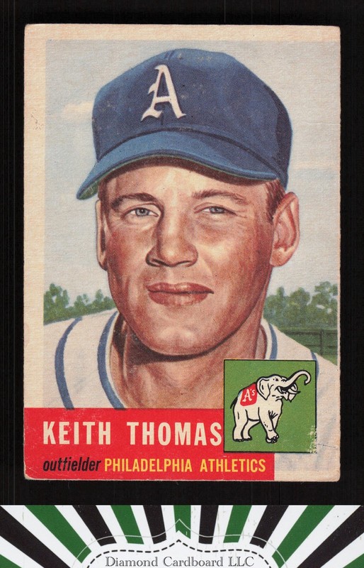 1953 Topps #129 Keith Thomas : Bio uses white text FR c, front
