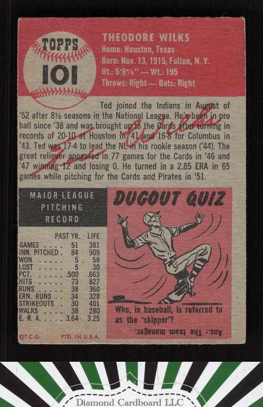 1953 Topps #101 Ted Wilks : Bio uses white text GD b, back