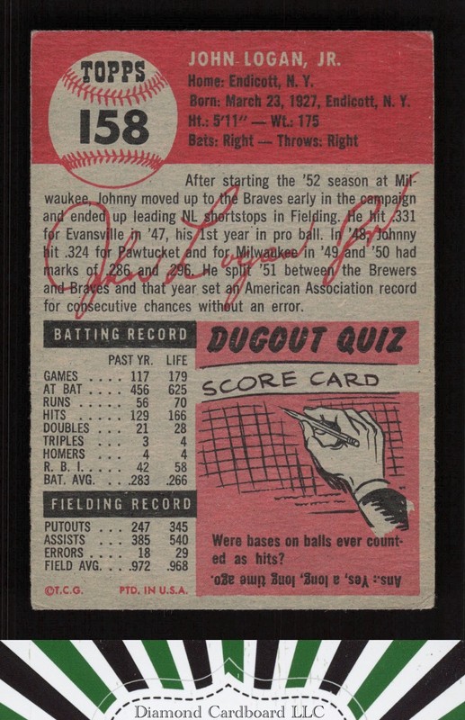 1953 Topps #158 Johnny Logan : Bio uses black text VG b, back