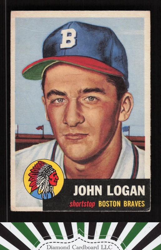 1953 Topps #158 Johnny Logan : Bio uses black text VG b, front