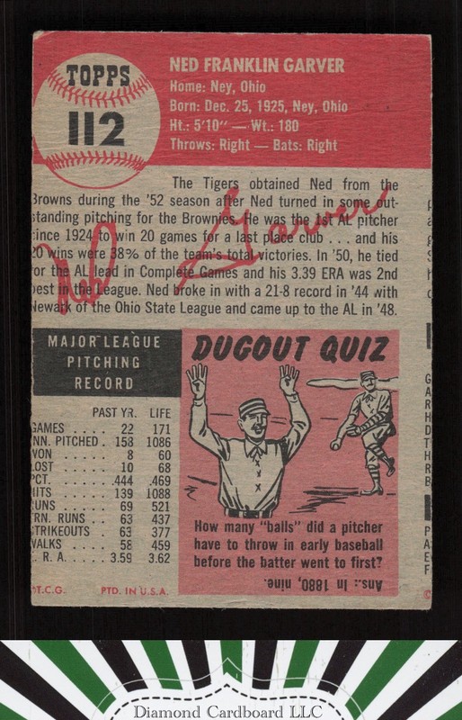 1953 Topps #112 Ned Garver : Bio uses white text VGEX (MC) f, back