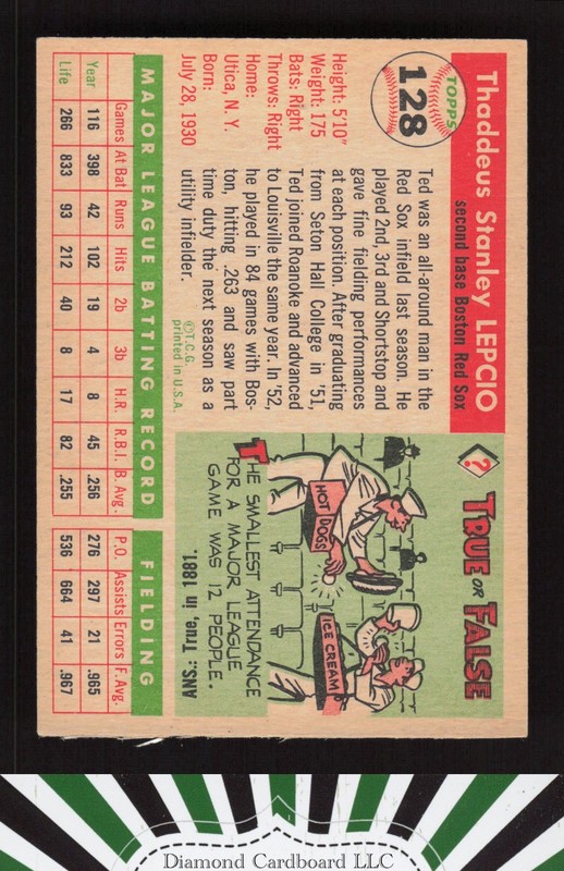 1955 Topps #128 Ted Lepcio VGEX+ j, back