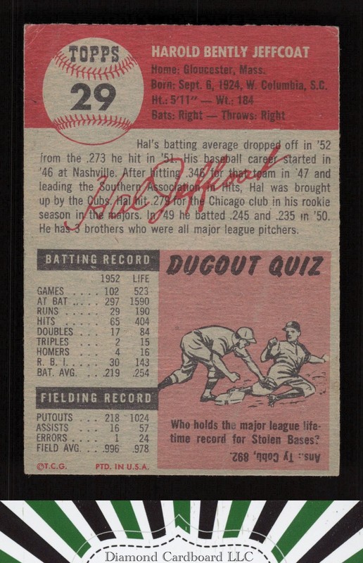1953 Topps #29 Hal Jeffcoat GD a, back