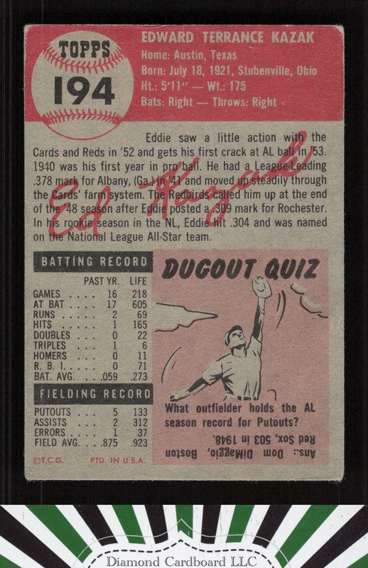 1953 Topps #194 Eddie Kazak VG d, back