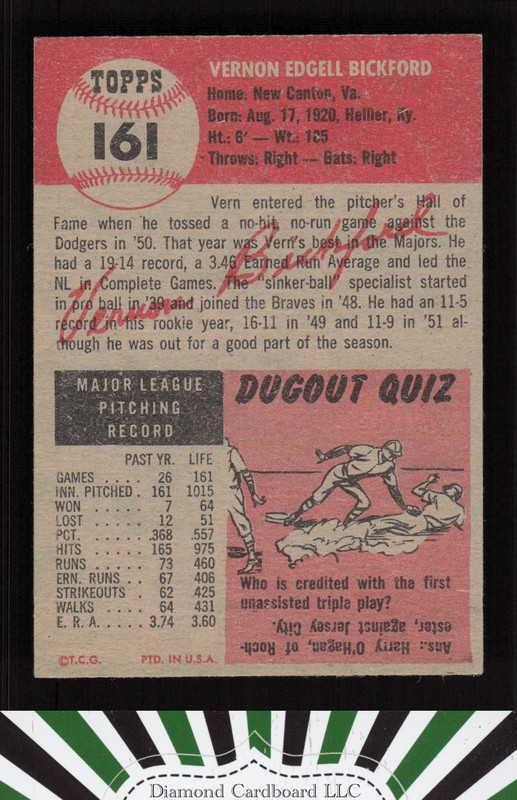 1953 Topps #161 Vern Bickford : Bio uses black text EX f, back