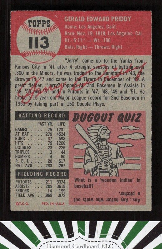 1953 Topps #113 Jerry Priddy : Bio uses white text EX h, back