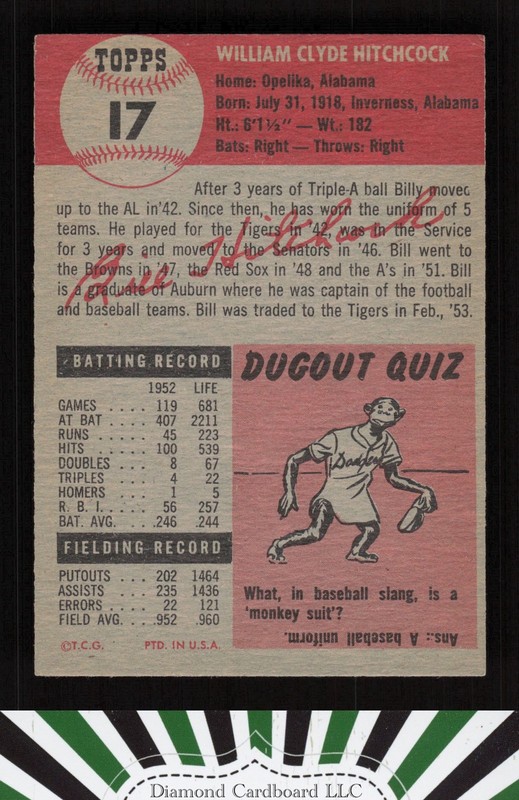 1953 Topps #17 Billy Hitchcock VGEX+ c, back