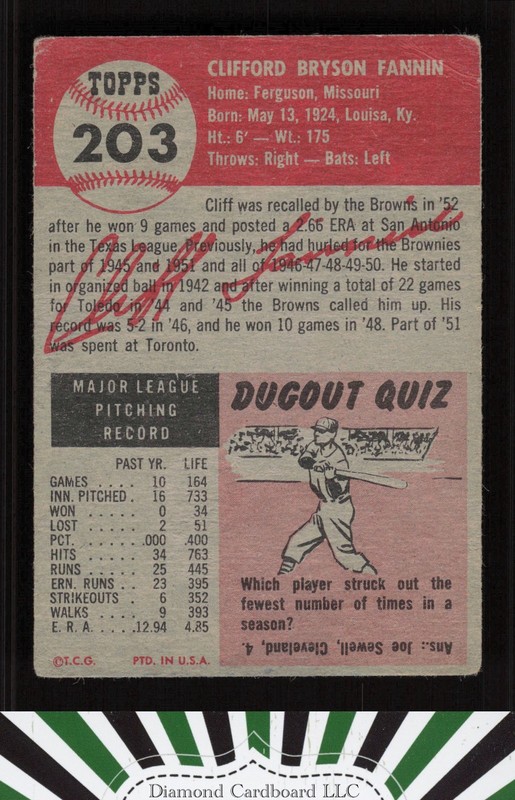 1953 Topps #203 Cliff Fannin GD c, back