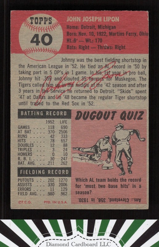 1953 Topps #40 Johnny Lipon VGEX b, back