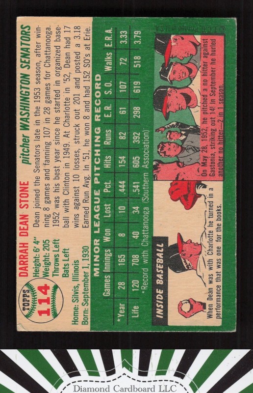 1954 Topps #114 Dean Stone VG d, back