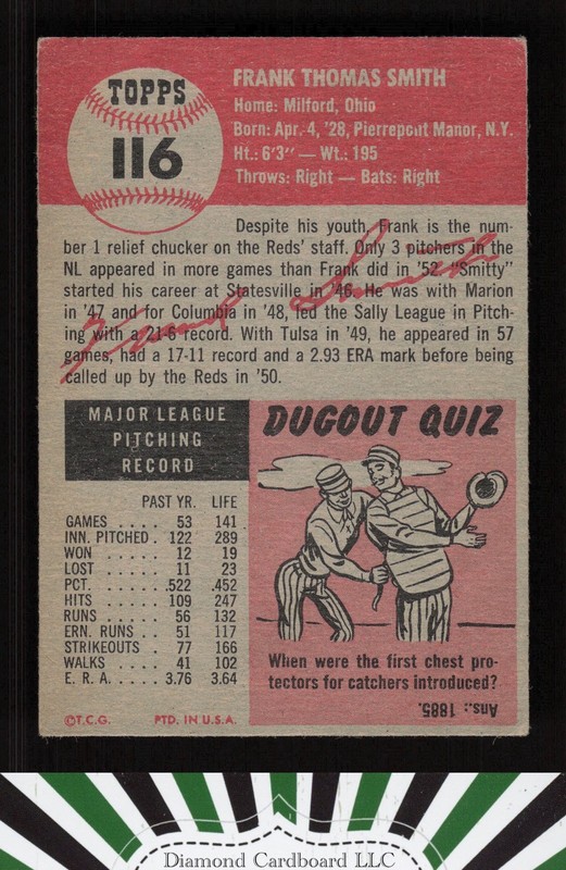 1953 Topps #116 Frank Smith : Bio uses white text VGEX g, back