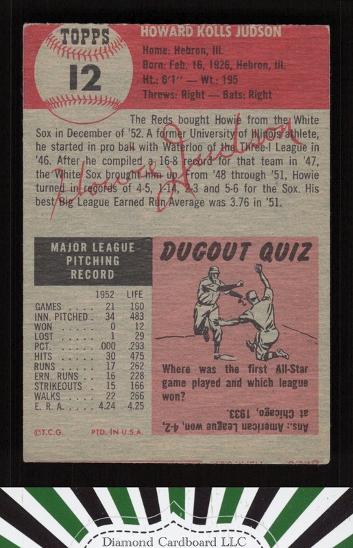 1953 Topps #12 Howie Judson VGEX+ d, back