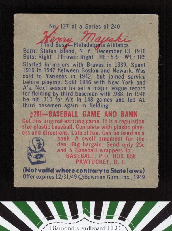 1949 Bowman #127 Henry "Heeney" Majeski Script Name On Back VGEX a, back