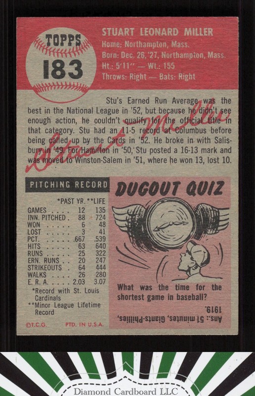 1953 Topps #183 Stu Miller VG [DEAD CENTERED] a, back
