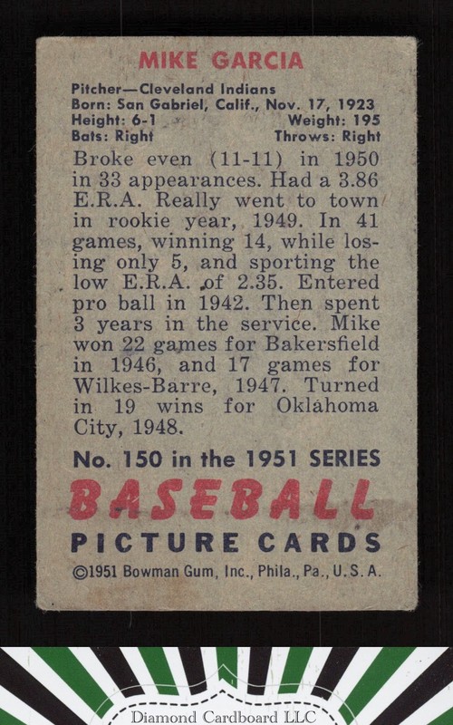1951 Bowman #150 Mike Garcia VG, back