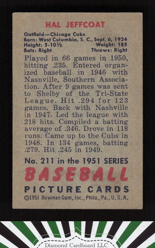 1951 Bowman #211 Hal Jeffcoat VGEX, back