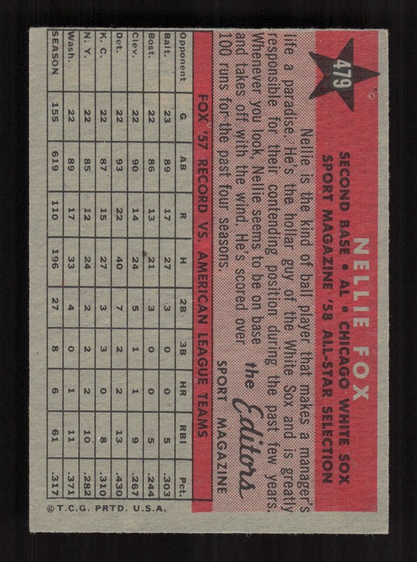 1958 Topps #479 Nellie Fox GD+ e, back