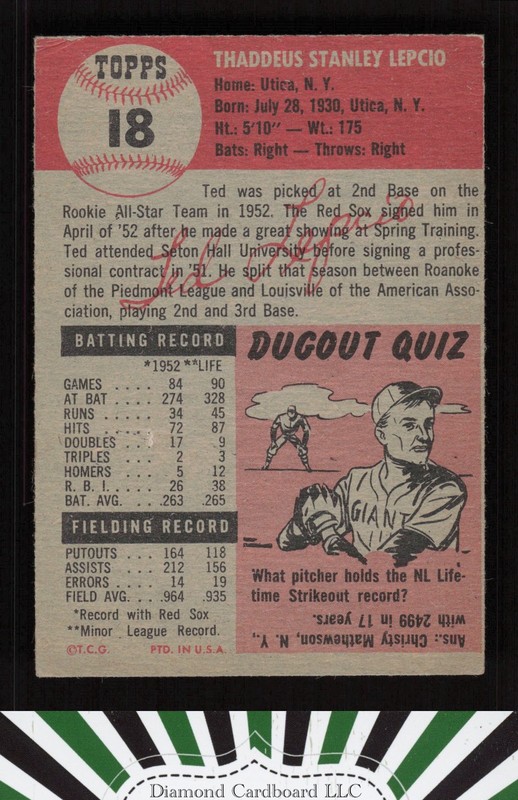 1953 Topps #18 Ted Lepcio VGEX f, back