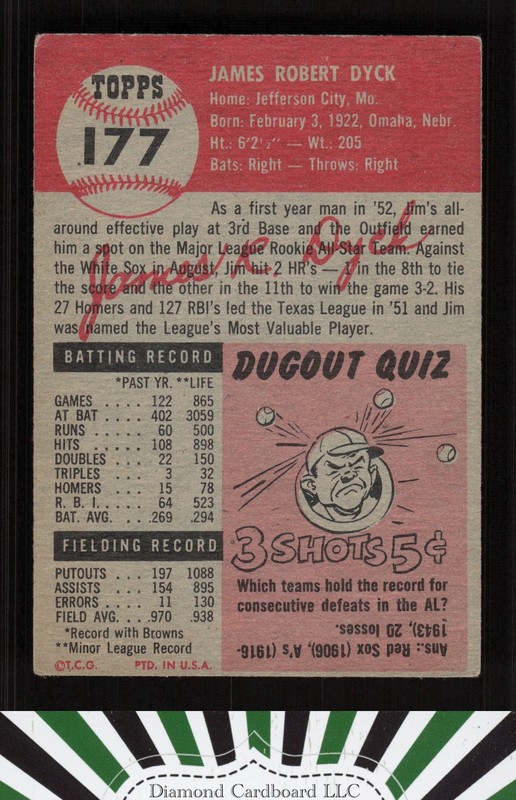1953 Topps #177 Jim Dyck VGEX e, back