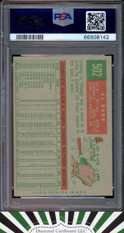 1959 Topps #502 Al Dark PSA 7 [CENTERED], back