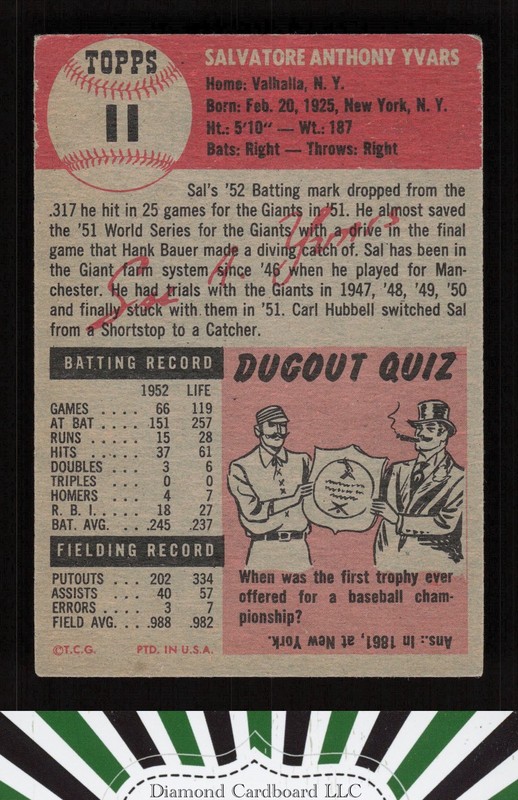 1953 Topps #11 Sal Yvars VGEX c, back