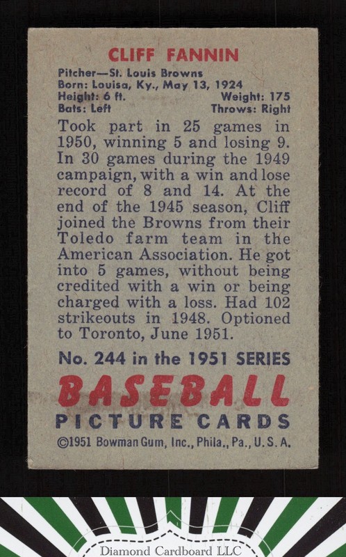 1951 Bowman #244 Cliff Fannin VGEX+, back