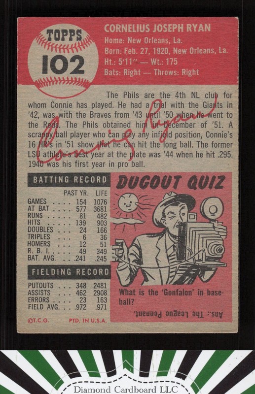 1953 Topps #102 Connie Ryan : Bio uses white text VG e, back
