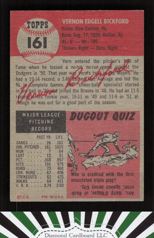 1953 Topps #161 Vern Bickford : Bio uses black text VGEX+ e, back