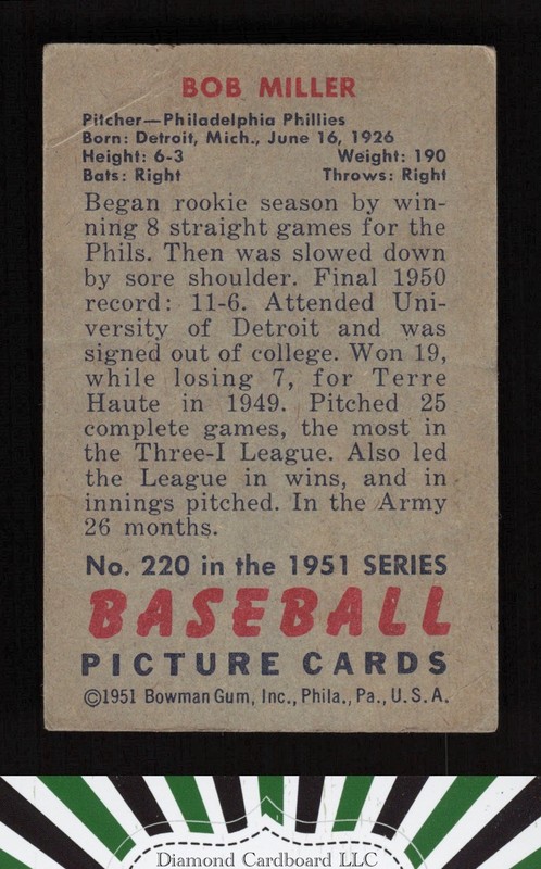 1951 Bowman #220 Bob Miller GD+, back