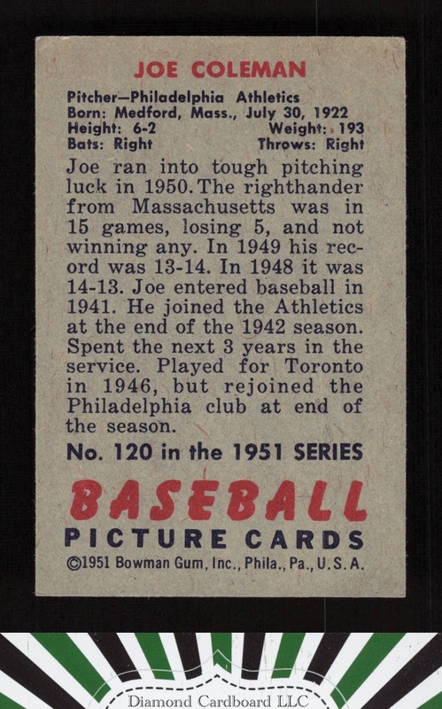 1951 Bowman #120 Joe Coleman VGEX [CENTERED], back