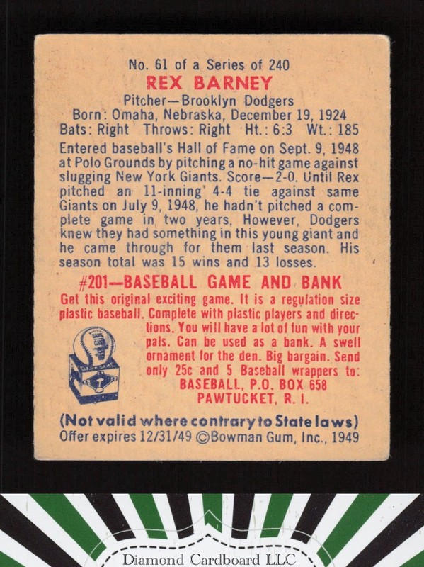 1949 Bowman #61 Rex Barney VGEX [CENTERED] a, back