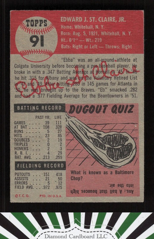 1953 Topps #91 Ebba St. Claire : Bio uses white text FR d, back