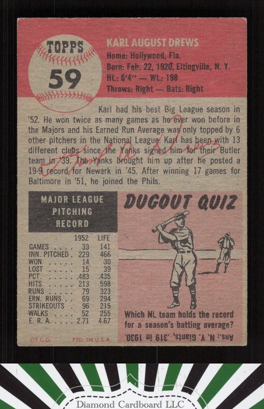 1953 Topps #59 Karl Drews VGEX f, back