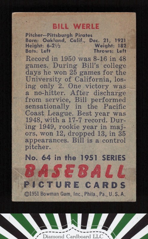 1951 Bowman #64 Bill Werle VG, back