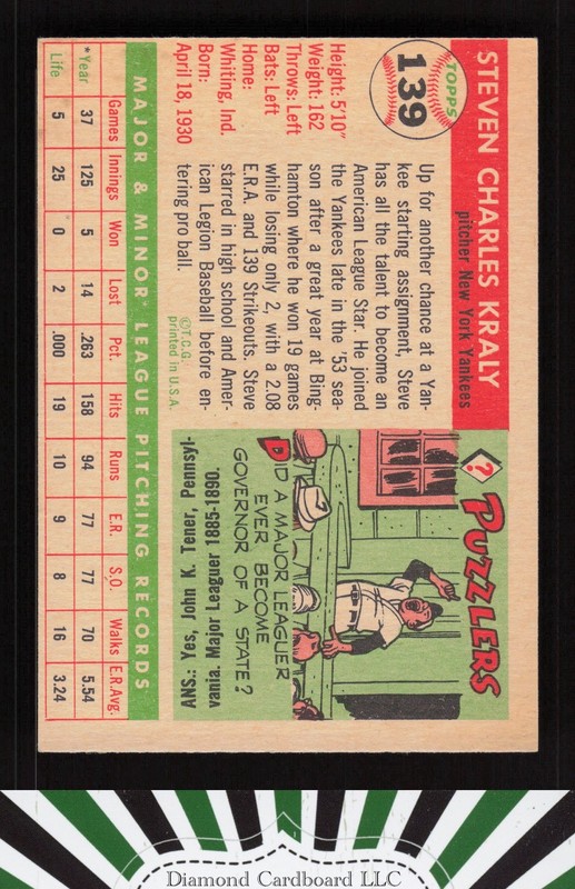 1955 Topps #139 Steve Kraly EX e, back