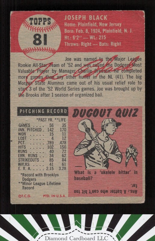 1953 Topps #81 Joe Black : Bio uses white text VG a, back