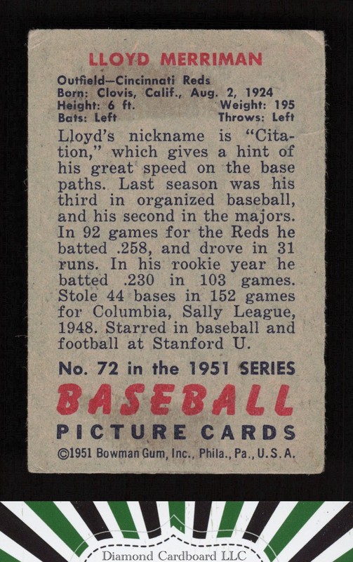 1951 Bowman #72 Lloyd Merriman GD, back