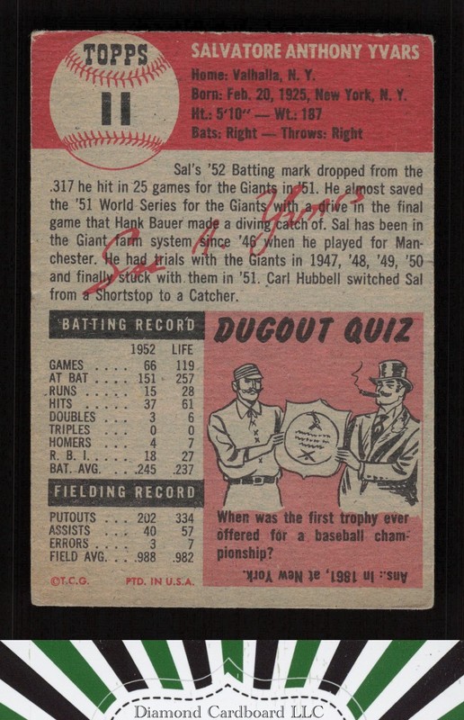 1953 Topps #11 Sal Yvars VG e, back