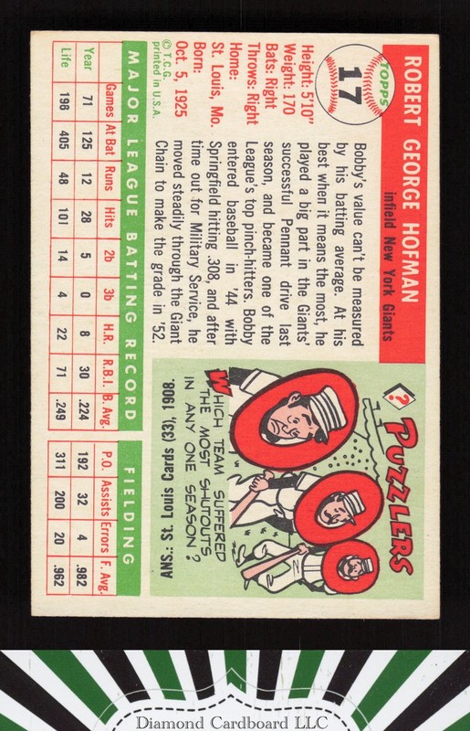 1955 Topps #17 Bobby Hofman VGEX e, back