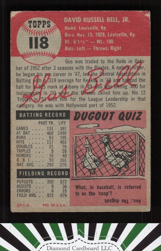 1953 Topps #118 Gus Bell : Bio uses white text GD+ a, back