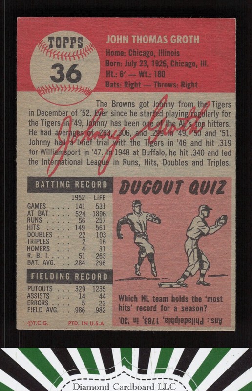 1953 Topps #36 Johnny Groth EX d, back
