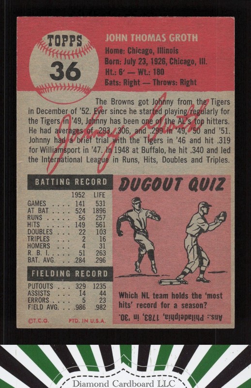 1953 Topps #36 Johnny Groth EXMT f, back