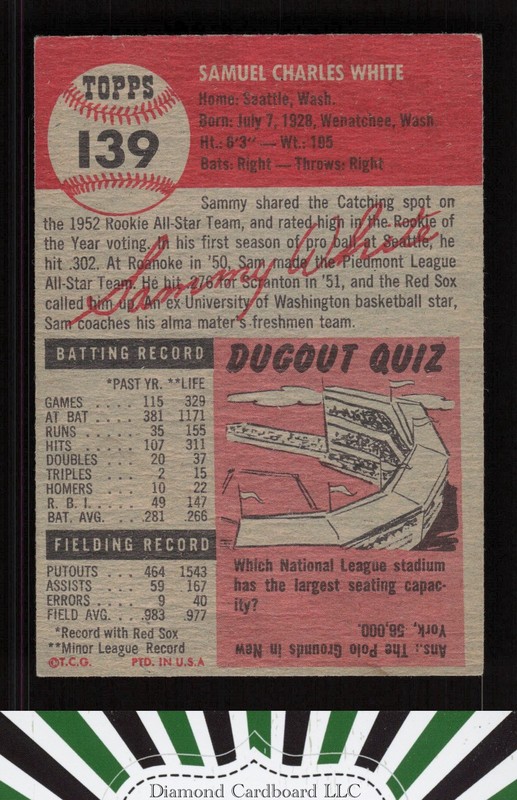 1953 Topps #139 Sammy White : Bio uses black text VG a, back