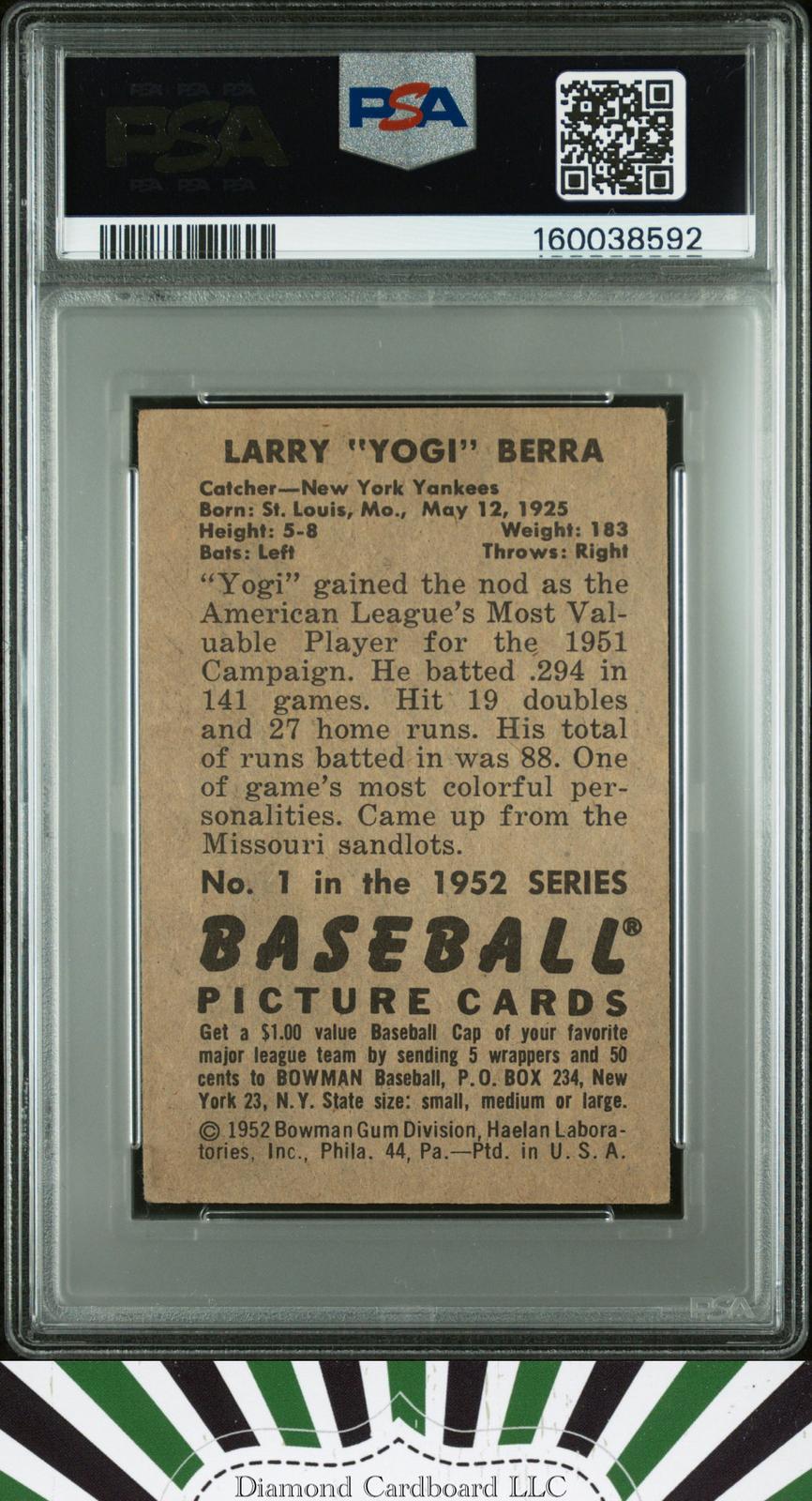1952 Bowman #1 Yogi Berra PSA 2 [NICELY CENTERED], back