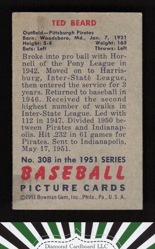 1951 Bowman #308 Ted Beard VGEX (CENTERED), back