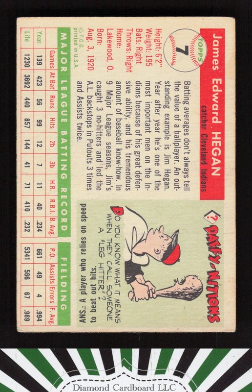 1955 Topps #7 Jim Hegan GD b, back