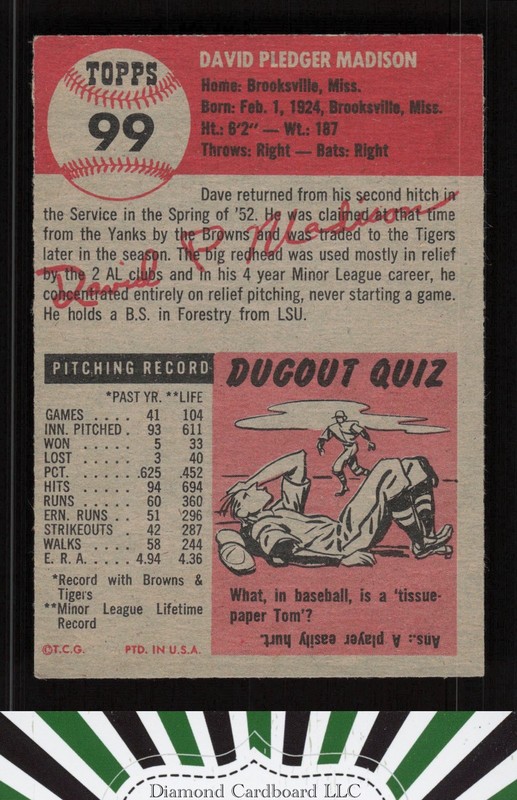 1953 Topps #99 Dave Madison : Bio uses black text VGEX+ g, back