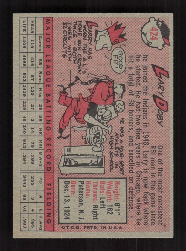 1958 Topps #424 Larry Doby VGEX+ e, back